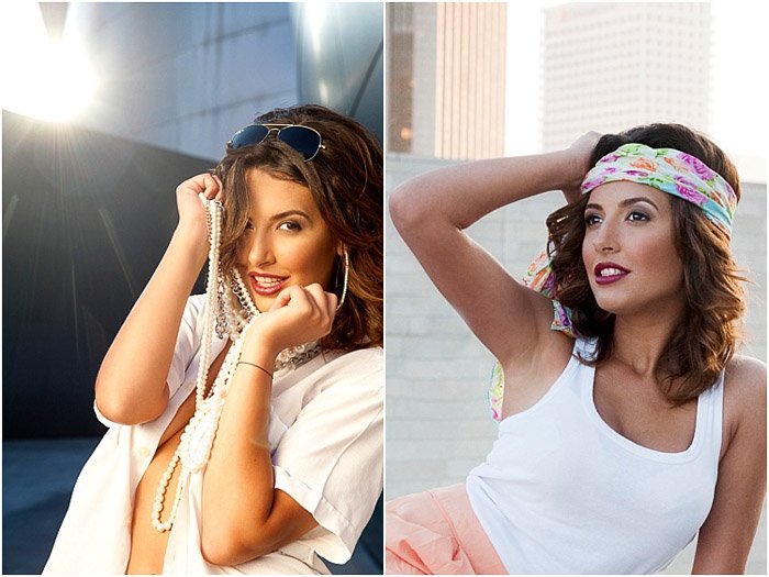 A beauty photography diptych of a female model posing playfully against different background