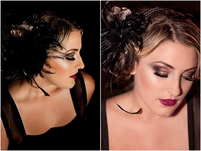 A beauty photography diptych of a female model posing in low lighting