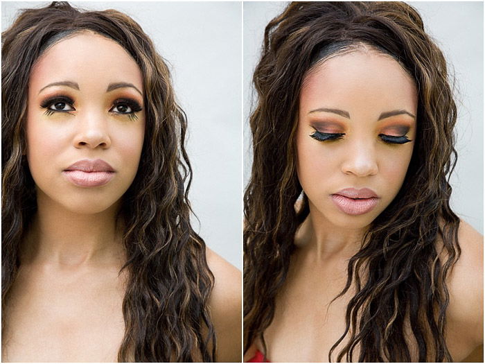 A beauty photography diptych of a female model posing against a white background