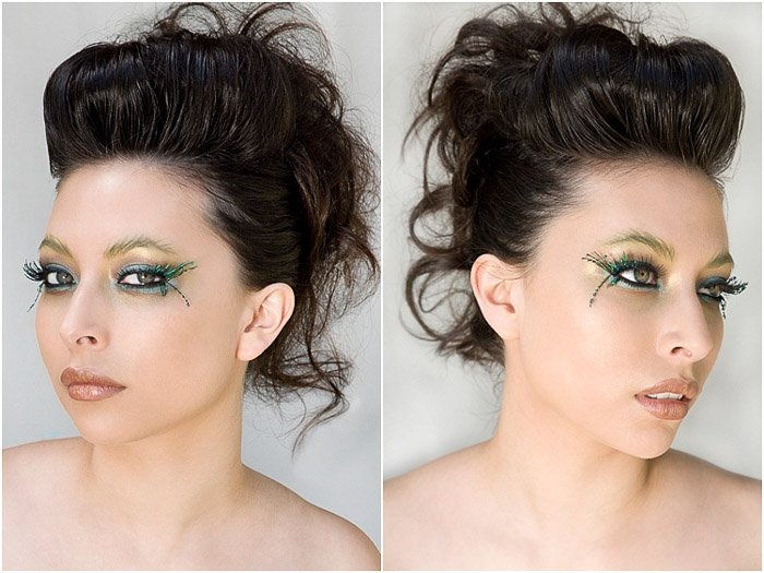 A beauty photography diptych of a female model posing against a white background