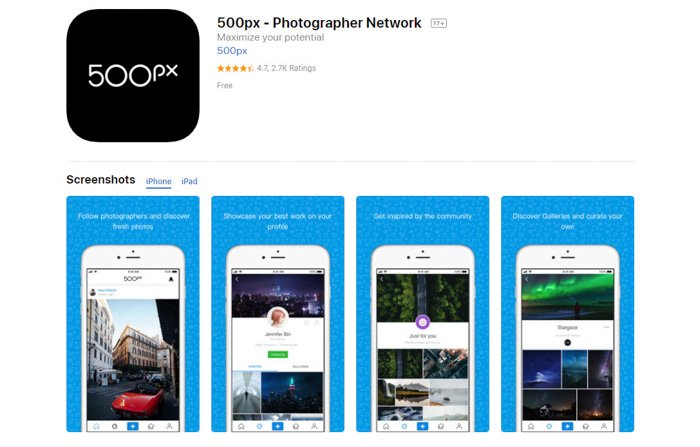 Screenshot of 500px homepage - best photo storage app