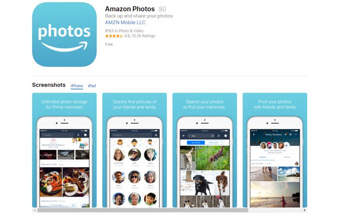 Screenshot of Amazon Photos photo storage app homepage