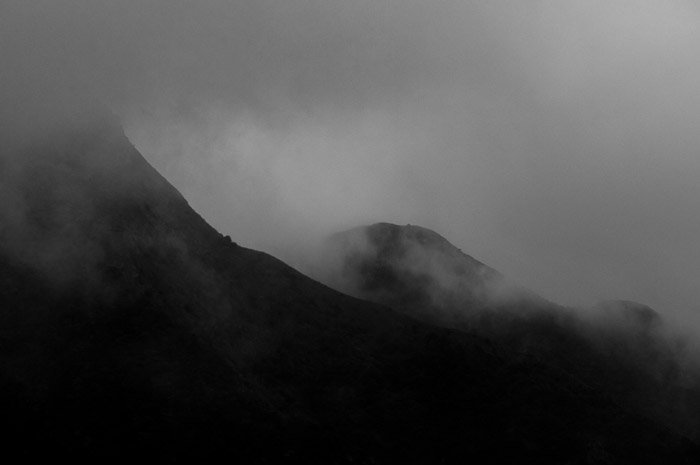 Black and white fine art landscape Foggy mountains in Hong Kong, China.