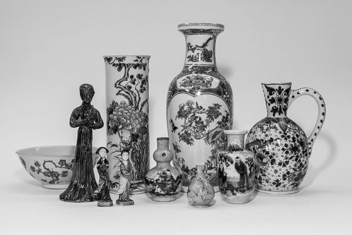 Black And White Fine Art Photography still life of Asian art pieces photographed for an auction house catalog in Cologne, Germany.