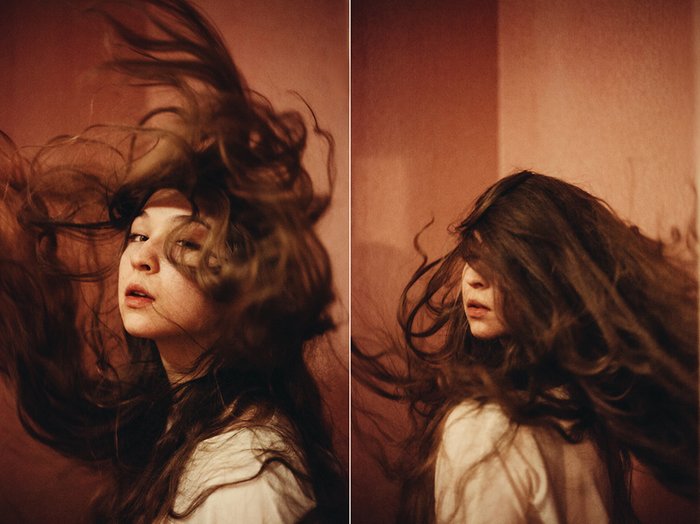 A cool portrait photography diptych of a female model with windswept hair
