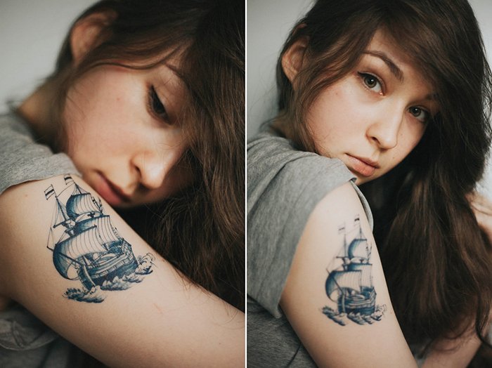 A cool portrait photography diptych of a female model with a ship tattoo