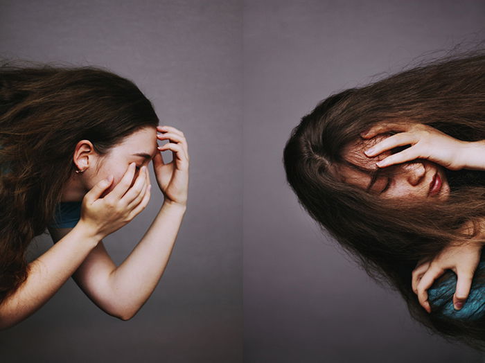 Atmospheric portrait diptych photography of a female model