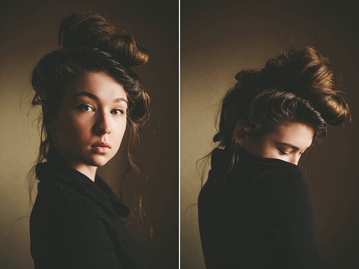 Atmospheric portrait photography diptych of a female model 