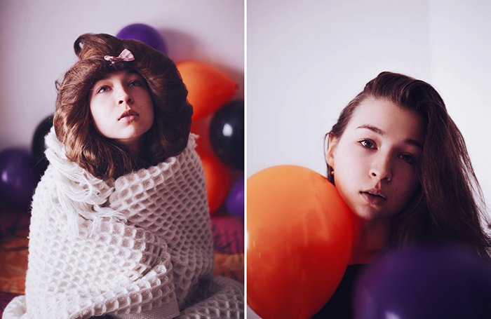 A fine art portrait diptych of a female model with orange and purple balloons 