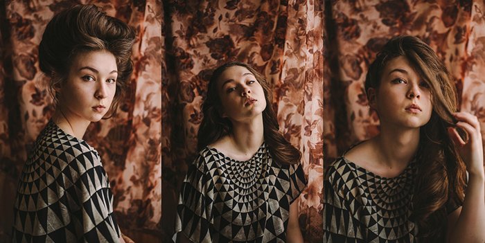 A triptych of self-portrait photography shot in front of diy photography backdrops