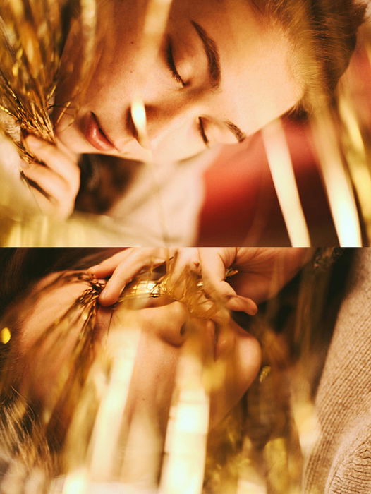 Artistic portrait diptych of a female model featuring gold streamers