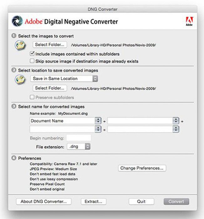 Screenshot of Adobe Digital Negative Converter