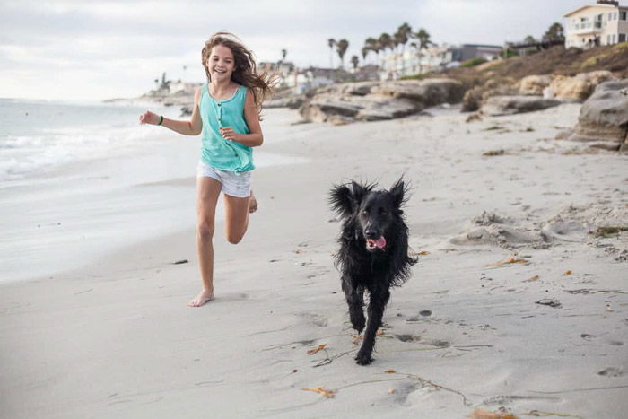 A sweet family beach pictures shot of a young girl running on the beach with a dog