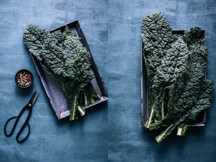 Atmospheric fine art food photography still life diptych of kale