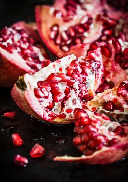 A close up food photo of a pomegranate