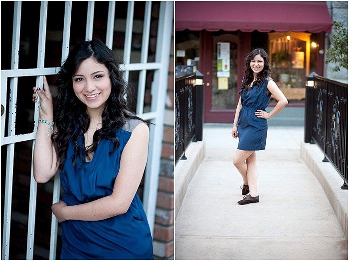 A fun senior photography diptych of a dark haired girl posing outdoors - senior girl poses