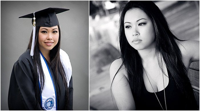 A diptych of a dark haired girl posing in graduation clothes and in casual clothes, girl poses for senior photography