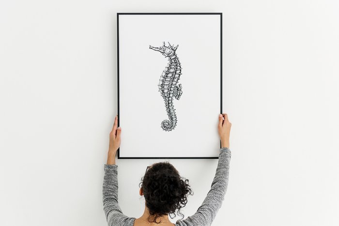 A girl hanging a hand drawing of a seahorse photo hanging on the wall