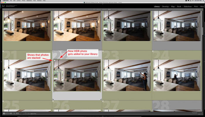 New HDR photos get added into your library. - how to merge photos
