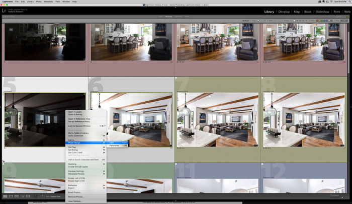 Screenshot showing how to reach Photo Merge tool through Lightroom menus.