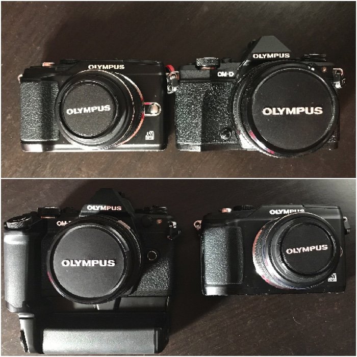 Diptych comparison between the EPL-2 and the OM-D EM-5 Mk ii with and without power grip.