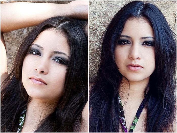 A beauty photography diptych of a female model posing against a stone wall