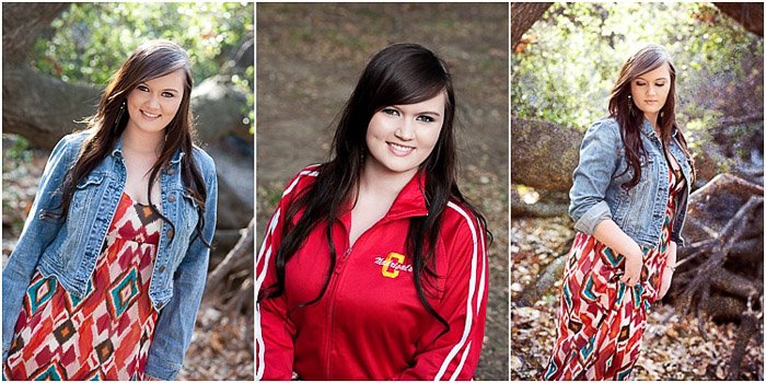 A bright and airy senior portrait triptych of a dark haired girl posing outdoors