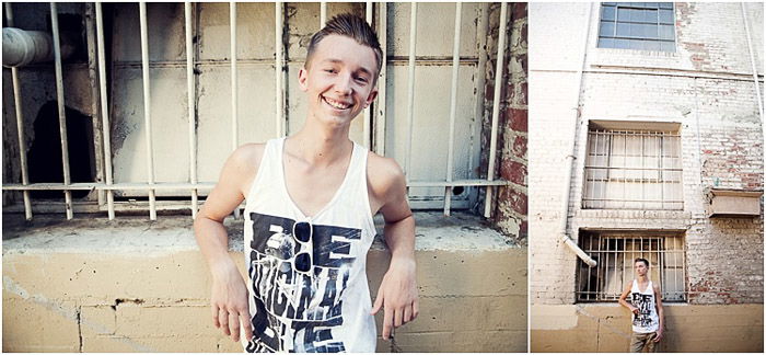 A casual diptych senior photo of a young man posing by a stone wall