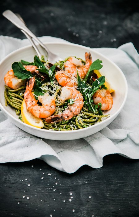 overhead shot of prawns and pasta in a white bowl - professional photography tips