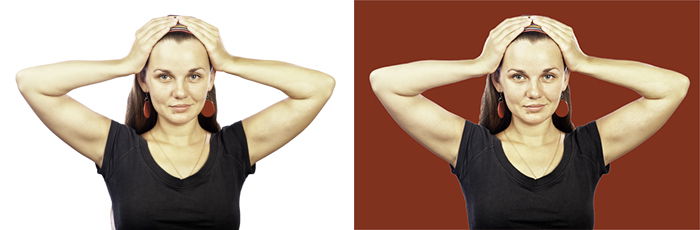 A diptych photo portrait of a female model, one with a pure white background and a red background