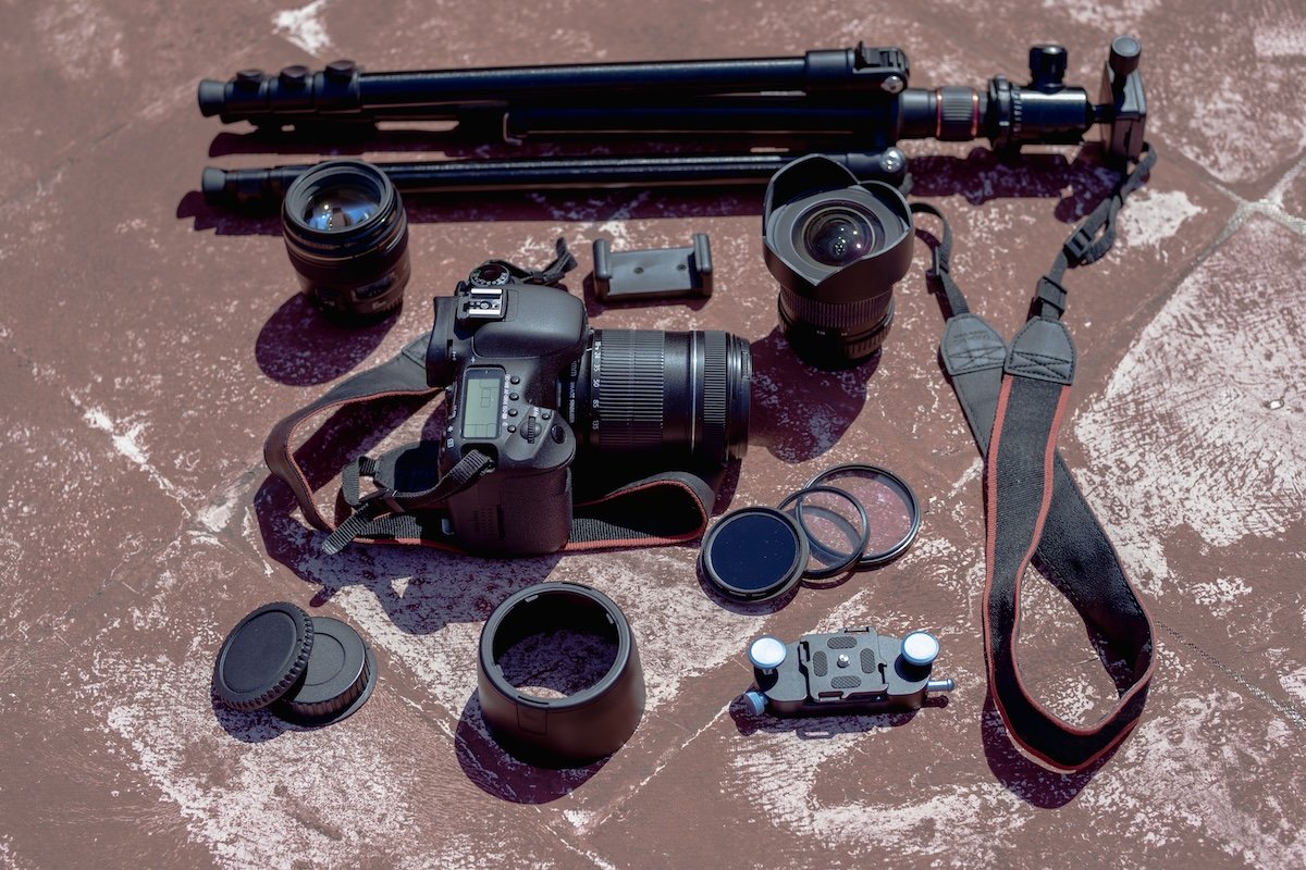 Flat lay of photography gear laid out