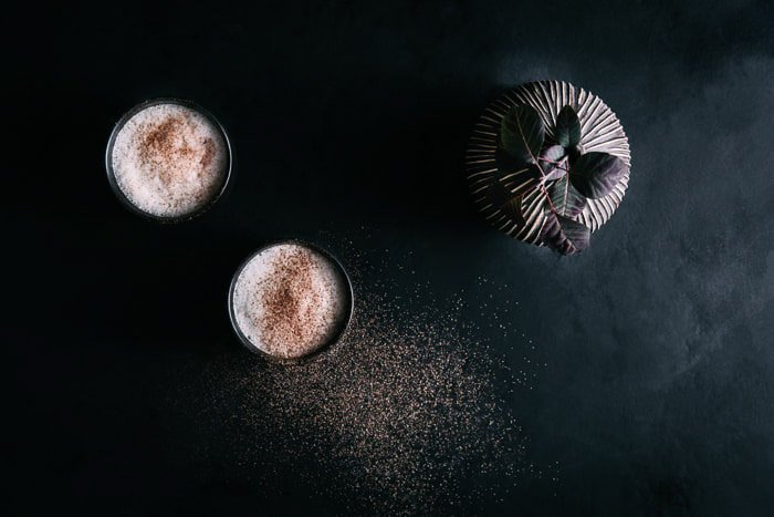 Dark and moody overhead food photo featuring two desserts 