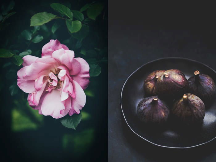 Atmospheric photography print diptych featuring a pink flower and a bowl of figs