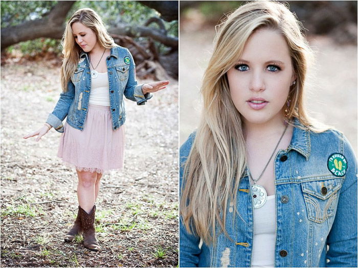 A relaxed and natural senior photography diptych of a blonde girl posing outdoors