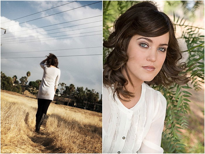 A bright and airy senior portrait diptych of a young woman posing outdoors