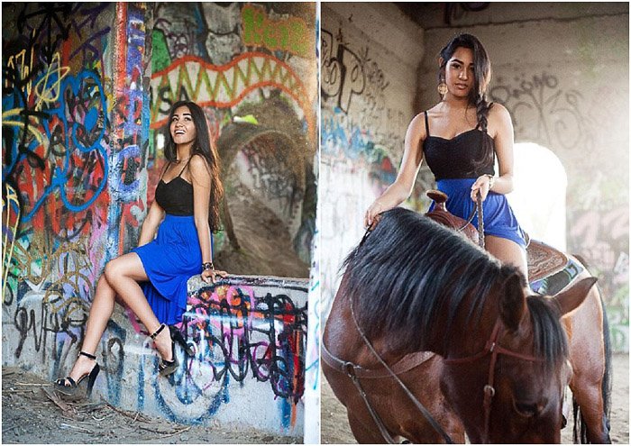 Beautiful senior photography diptych of a dark haired girl posing on a graffiti-ed wall and on horseback, creative senior picture ideas for girls