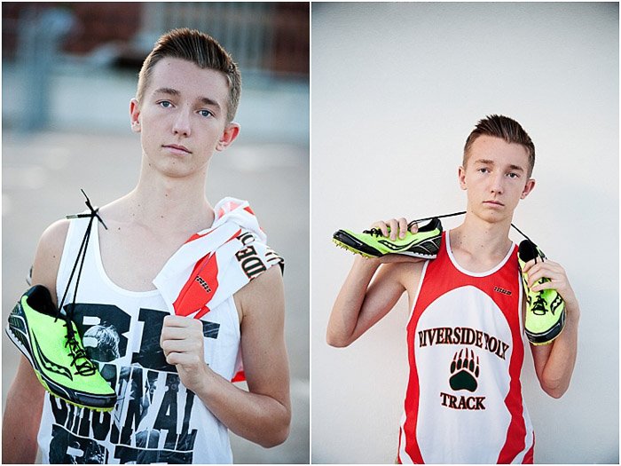Diptych senior photo of a young man in track gear