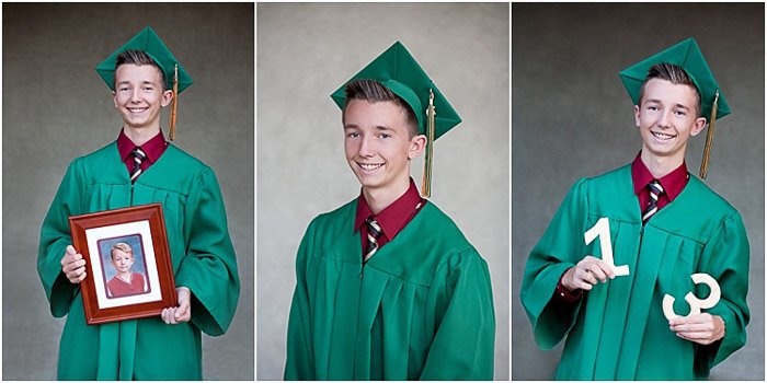 A triptych senior photo of a young man posing in graduation cap and gown