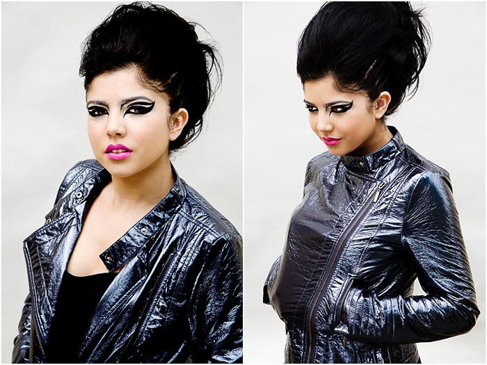 A beauty photography diptych of a female model posing against a white background