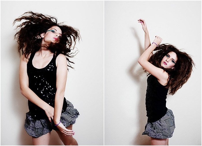 A beauty photography diptych of a female model posing playfully against a white background