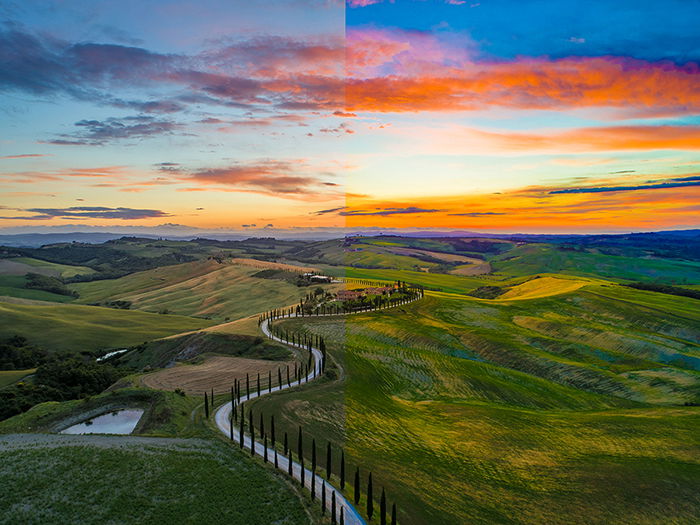 Un impresionante paisaje dividido por la mitad para mostrar la diferencia entre usar vibración y saturación