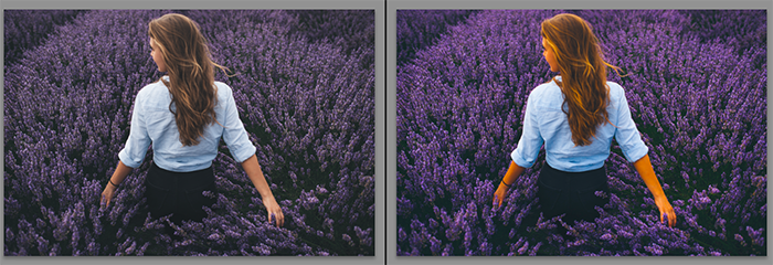 Diptych showing what is saturation and what it does to a portrait photo 