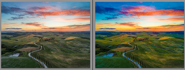 Diptych showing what is vibrance and how it effects landscape photography
