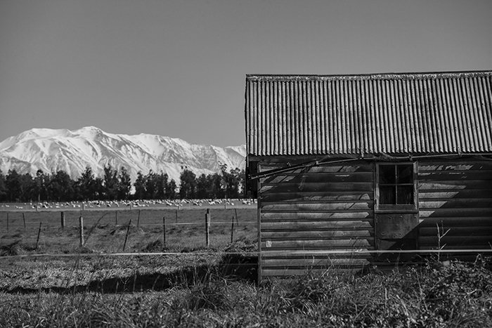 Black and white photo of State Highway One in the early afternoon, Canterbury, New Zealand. 