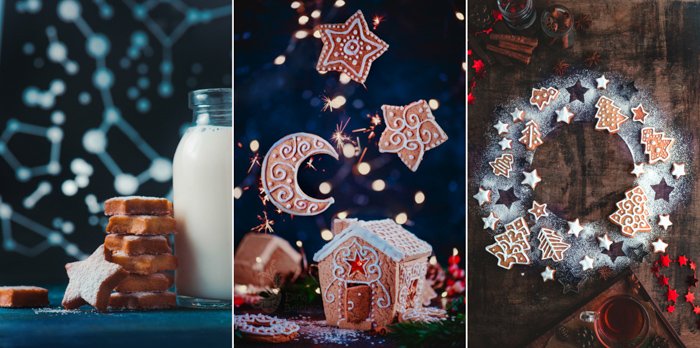 Triptych of creative christmas food photos