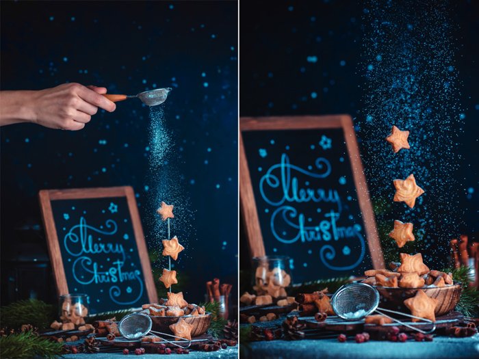 Christmas photos tutorial of shooting levitating christmas cookies