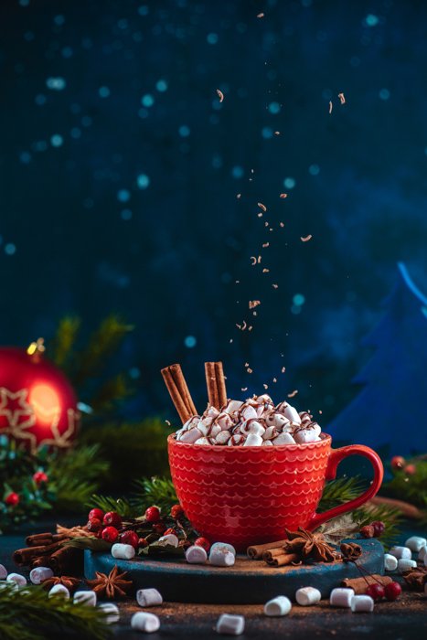Cool Christmas photos still life of chocolate crumbs levitating over a cup of hot chocolate in a still life set up