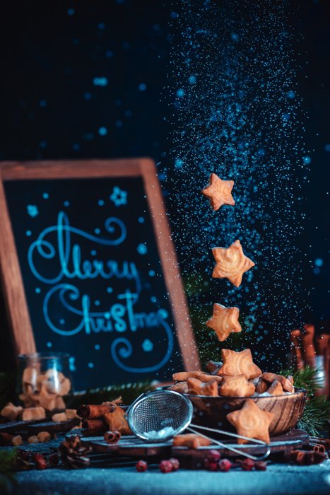 Cool Christmas photos still life of cookies levitating over a still life set up