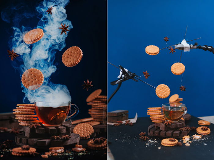 Diptych showing the setup for photographing levitating Christmas cookies photo