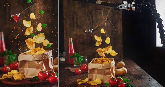 Diptych showing the setup for photographing levitating potato chips